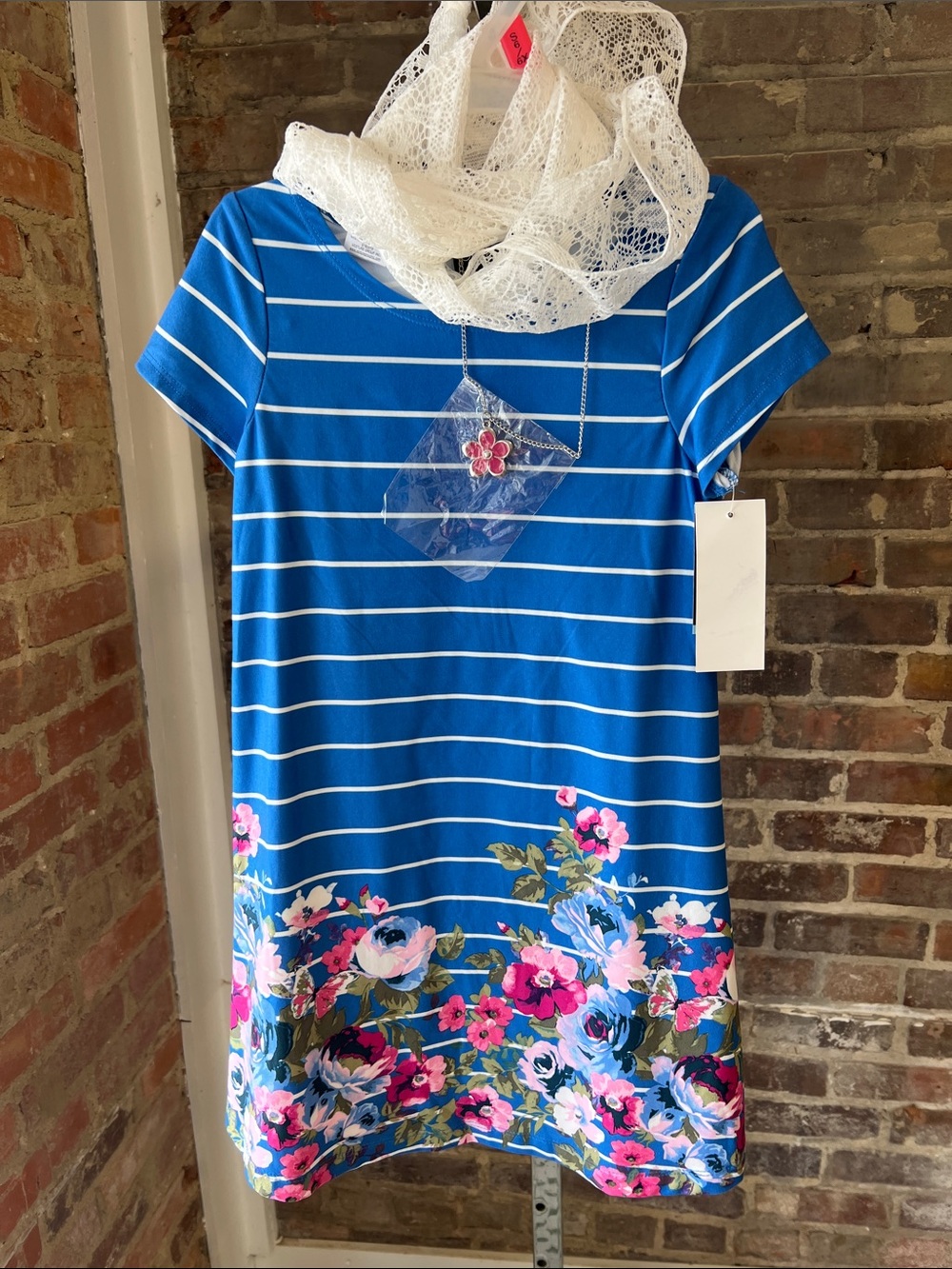 Girls' Blue Striped Floral Hem Dress